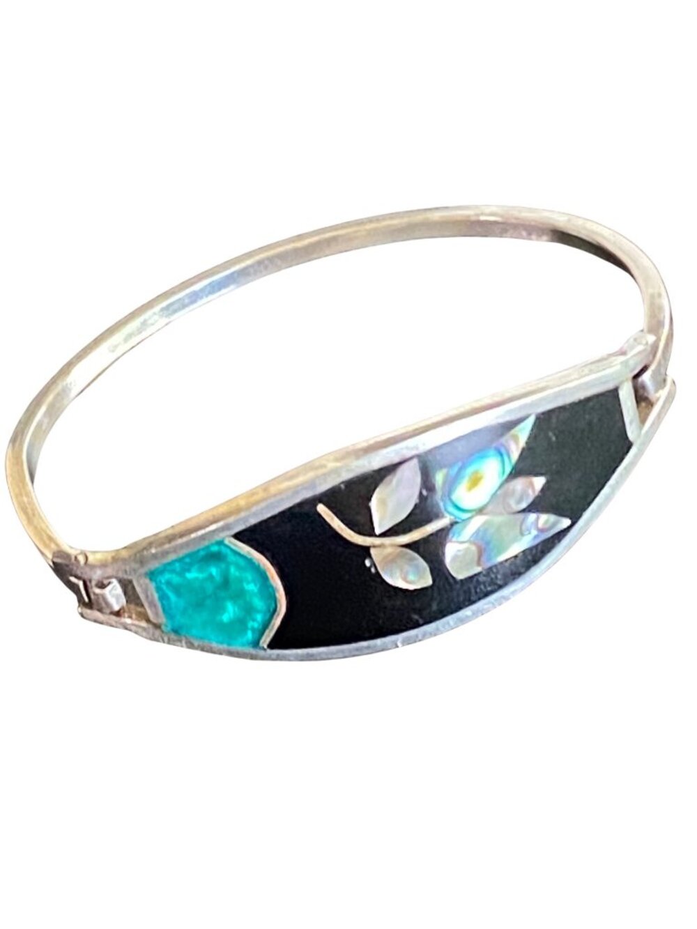 Vintage Abalone Shell Inlay Bracelet Hinged Bangle Black Silver Tone Boho